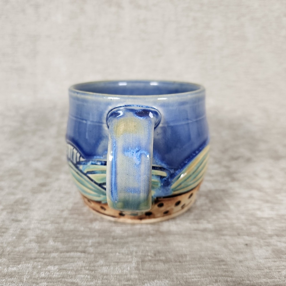Studio Art Pottery Mug Blue Glaze Mountains Stamped Design Bottom 12oz Handmade - Picture 2 of 6